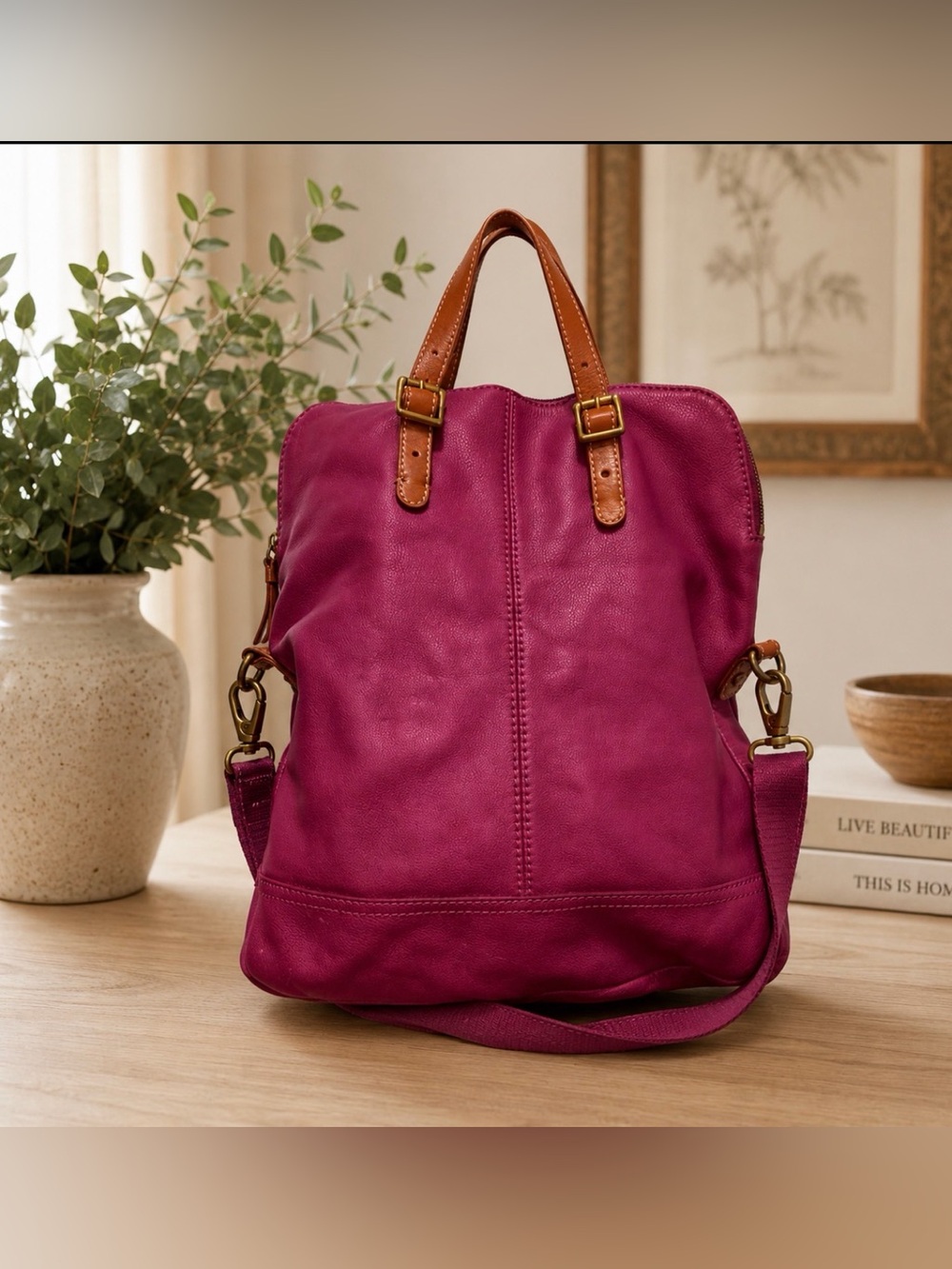 Fossil magenta Purple tote /crossbody bag with Elegant Gold Accents